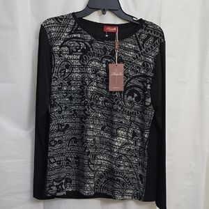 Rosetta Black & Silver Patterned Long Sleeve Top Gorgious Made In Italy Size XXL